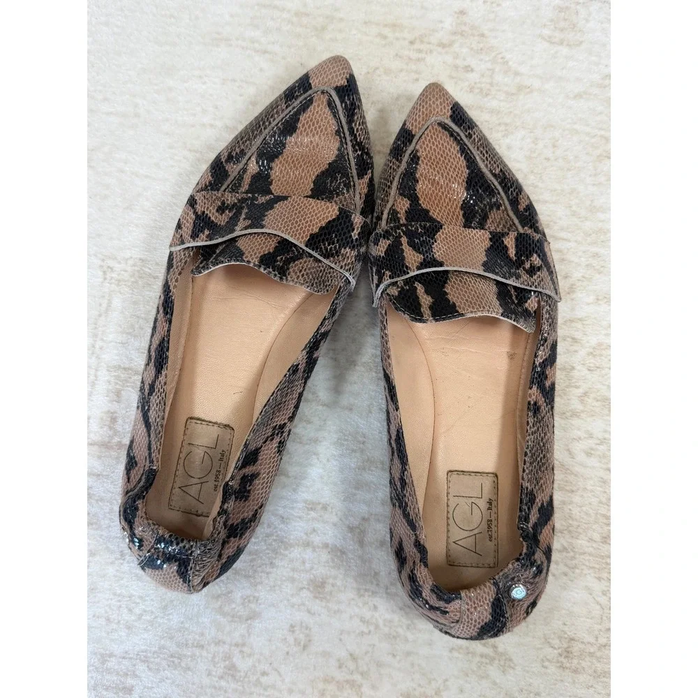 AGL Attilio Giusti Leombruni Snakeskin Pointed Toe Loafers N538078 Brown 40.5